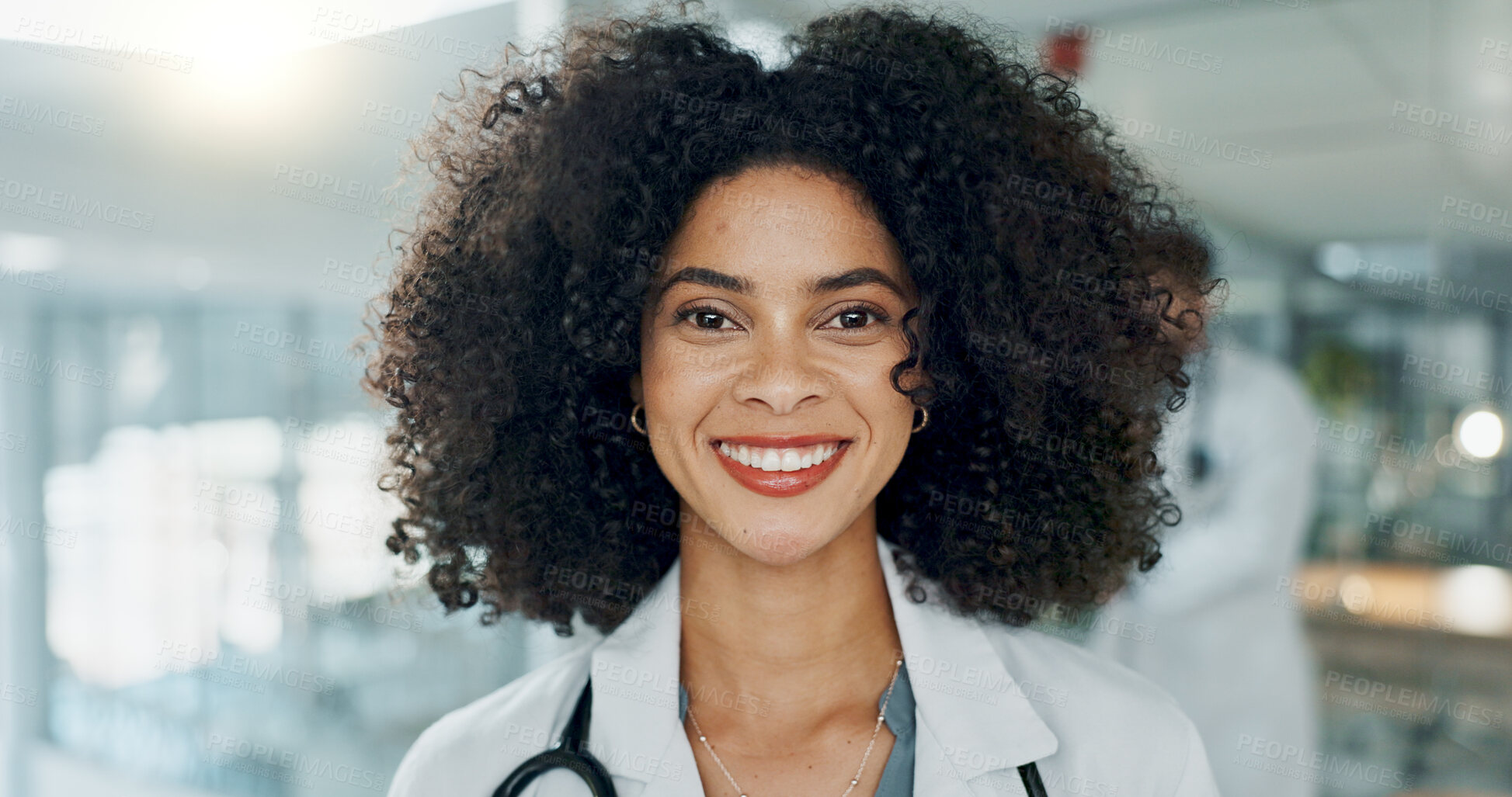 Buy stock photo Hospital, happy and face of African doctor for medical service, insurance and clinic care. Healthcare, consulting and portrait of woman with stethoscope smile for cardiology, medicine and support