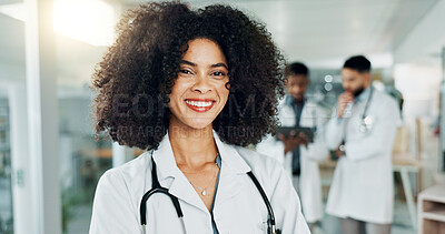 Hospital, happy and face of African doctor for medical service, insurance and clinic care. Healthcare, consulting and portrait of woman with stethoscope smile for cardiology, medicine and support