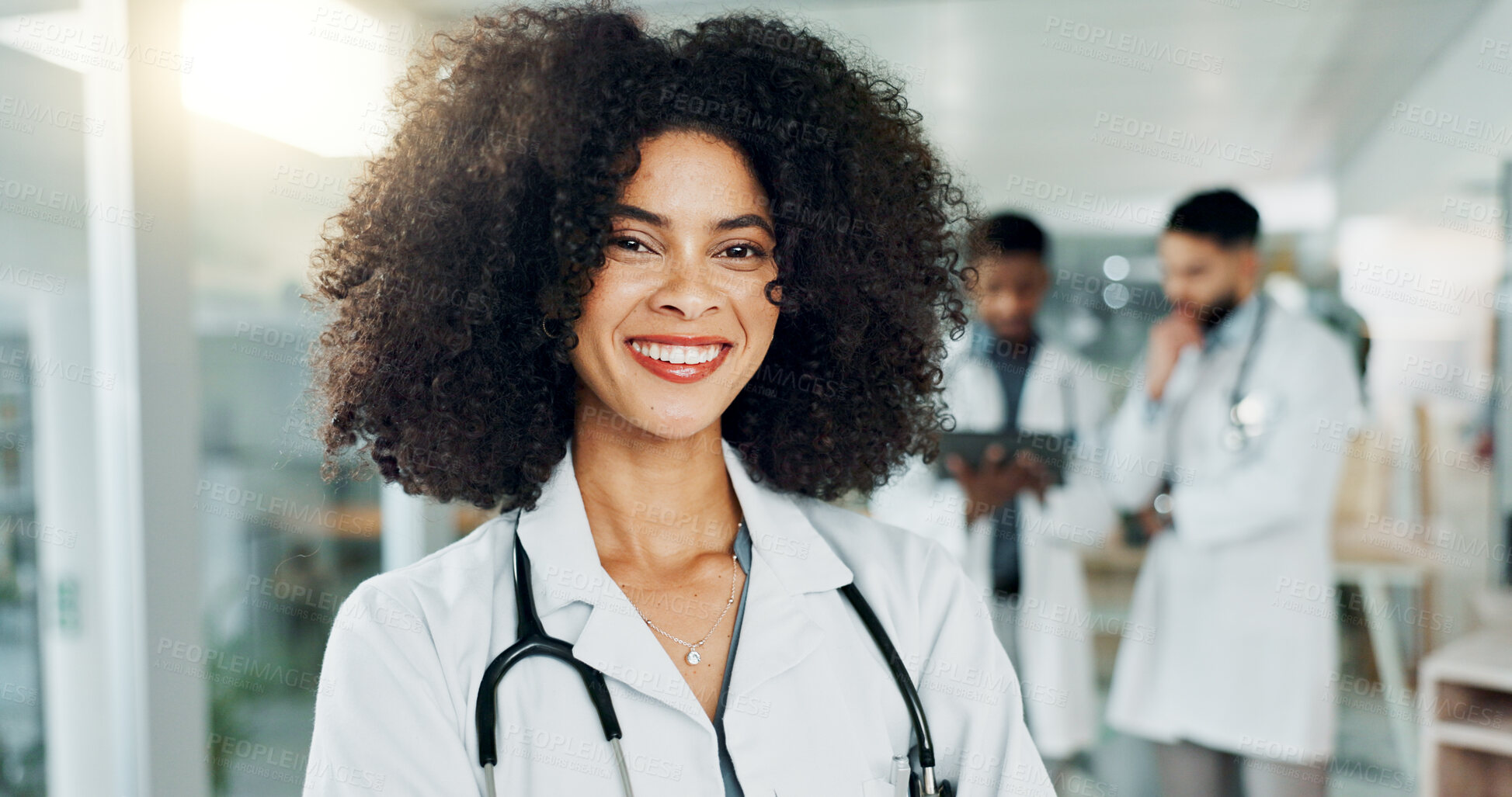 Buy stock photo Hospital, happy and face of African doctor for medical service, insurance and clinic care. Healthcare, consulting and portrait of woman with stethoscope smile for cardiology, medicine and support