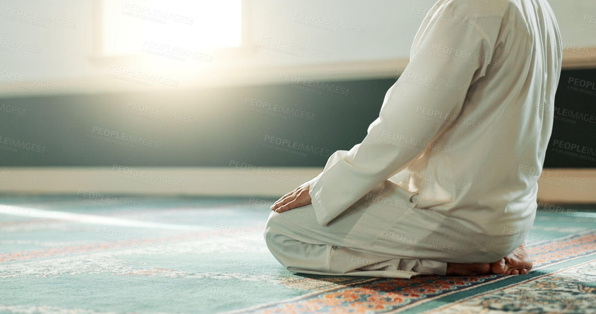 Buy stock photo Praying, Muslim and man with faith in a mosque for praying, peace and spiritual care in holy religion for Allah. Respect, Ramadan and Islamic person with kindness, hope and humble after worship