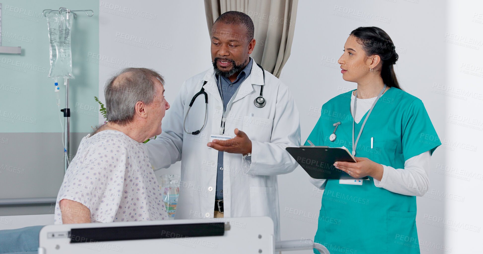 Buy stock photo Doctor, nurse and patient in discussion in hospital got medical diagnosis or treatment plan. Clipboard, consultation and team of healthcare workers talking to a senior man with checklist in a clinic.
