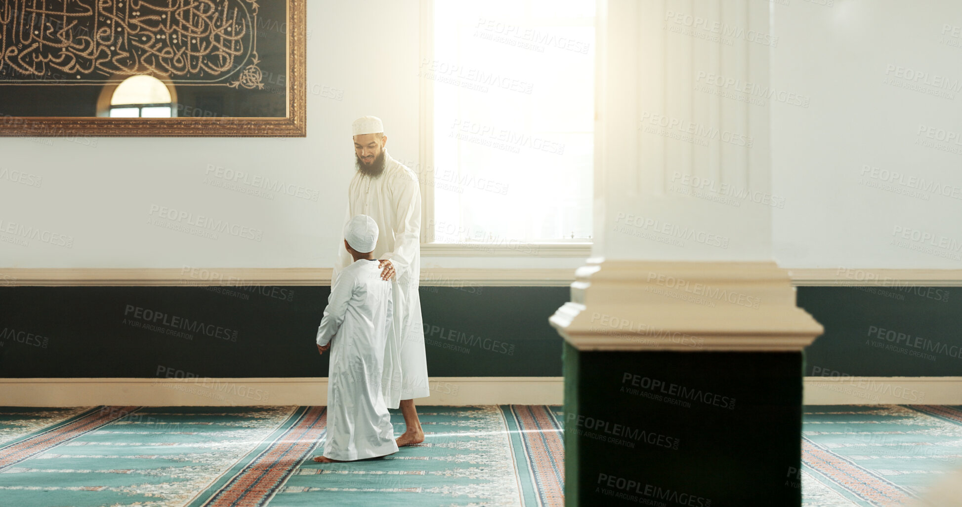 Buy stock photo Islam, mosque and man walk child to Ramadan class for prayer to God, religion and worship for culture and learning. Muslim, kid and father hold hands in faith with islamic conversation and spiritual