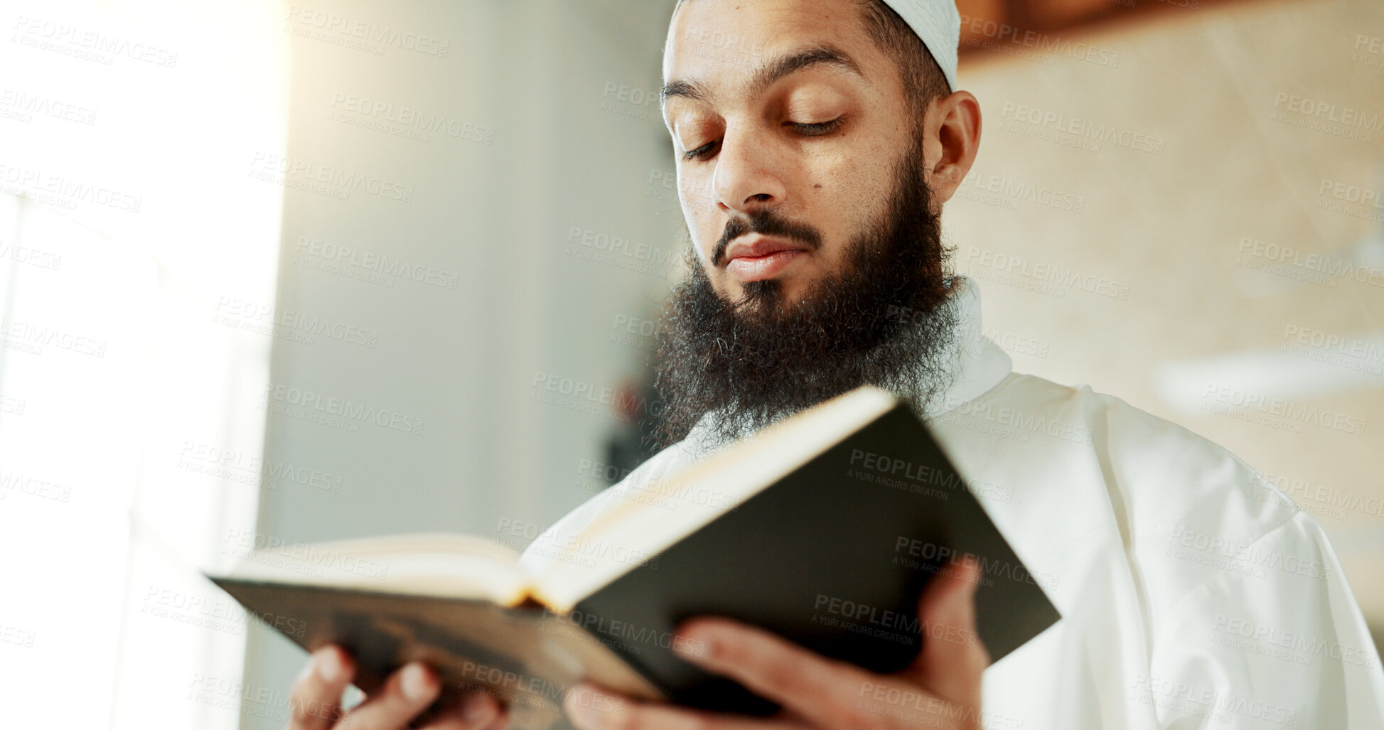 Buy stock photo Islamic man, reading quran and mosque with faith, reading and mindfulness with worship, search and study. Muslim person, religion and peace with book, page and thinking with meditation in Palestine