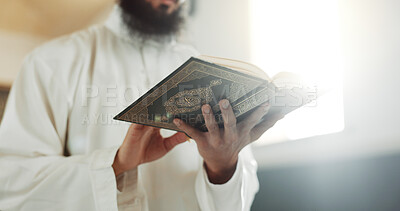Islam, prayer and man in mosque with Quran, mindfulness and gratitude in faith reading in peace. Worship, religion and commitment, Muslim Imam in holy temple praise and spiritual learning in Ramadan.