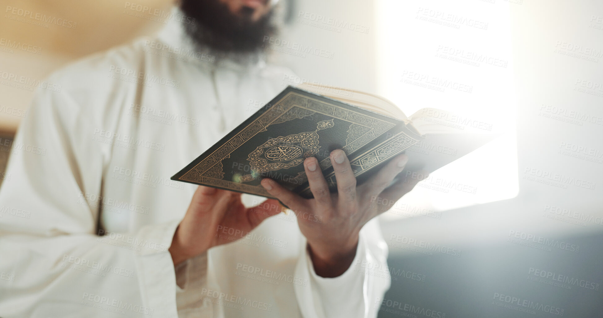 Buy stock photo Islam, prayer and man in mosque with Quran, mindfulness and gratitude in faith reading in peace. Worship, religion and commitment, Muslim Imam in holy temple praise and spiritual learning in Ramadan.