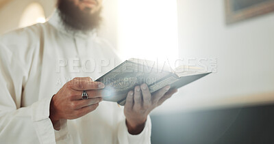 Islam, prayer and man in mosque with Quran, mindfulness and gratitude in faith reading in peace. Worship, religion and commitment, Muslim Imam in holy temple praise and spiritual learning in Ramadan.