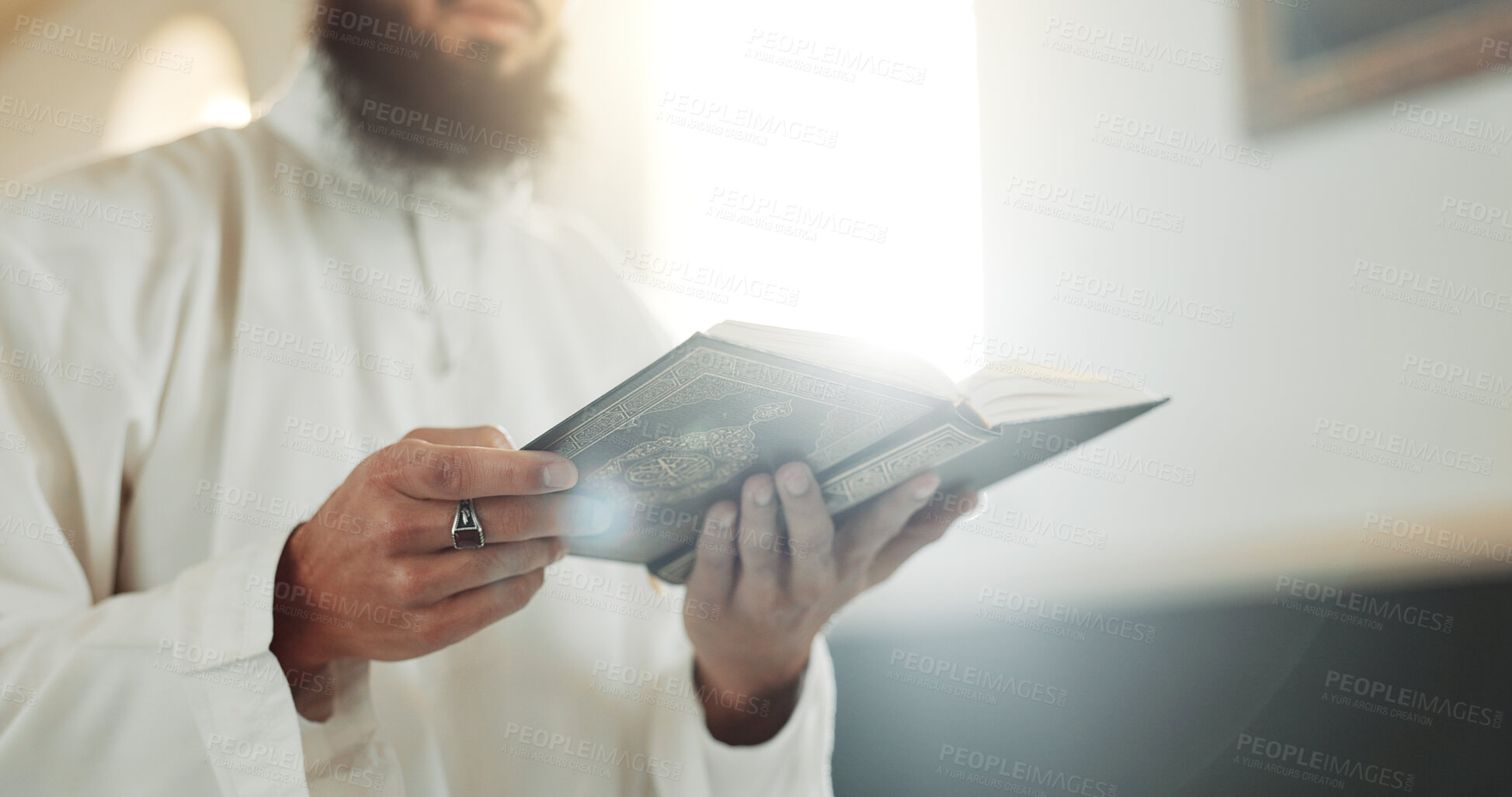 Buy stock photo Islam, prayer and man in mosque with Quran, mindfulness and gratitude in faith reading in peace. Worship, religion and commitment, Muslim Imam in holy temple praise and spiritual learning in Ramadan.