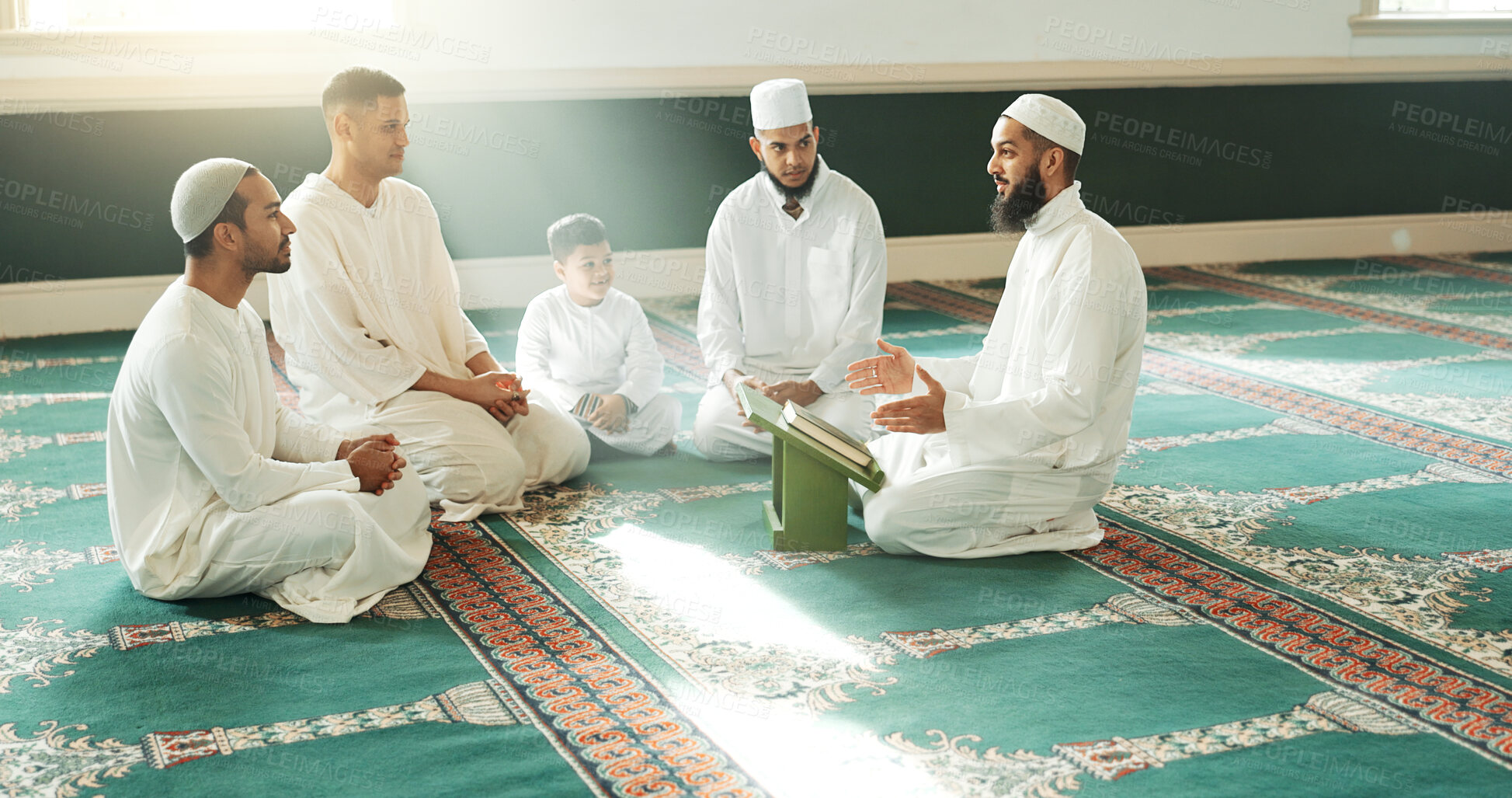 Buy stock photo Islam, prayer and group of men in mosque with child, mindfulness and gratitude in faith. Worship, religion and Muslim people together in holy temple for praise, spiritual teaching and peace with boy.