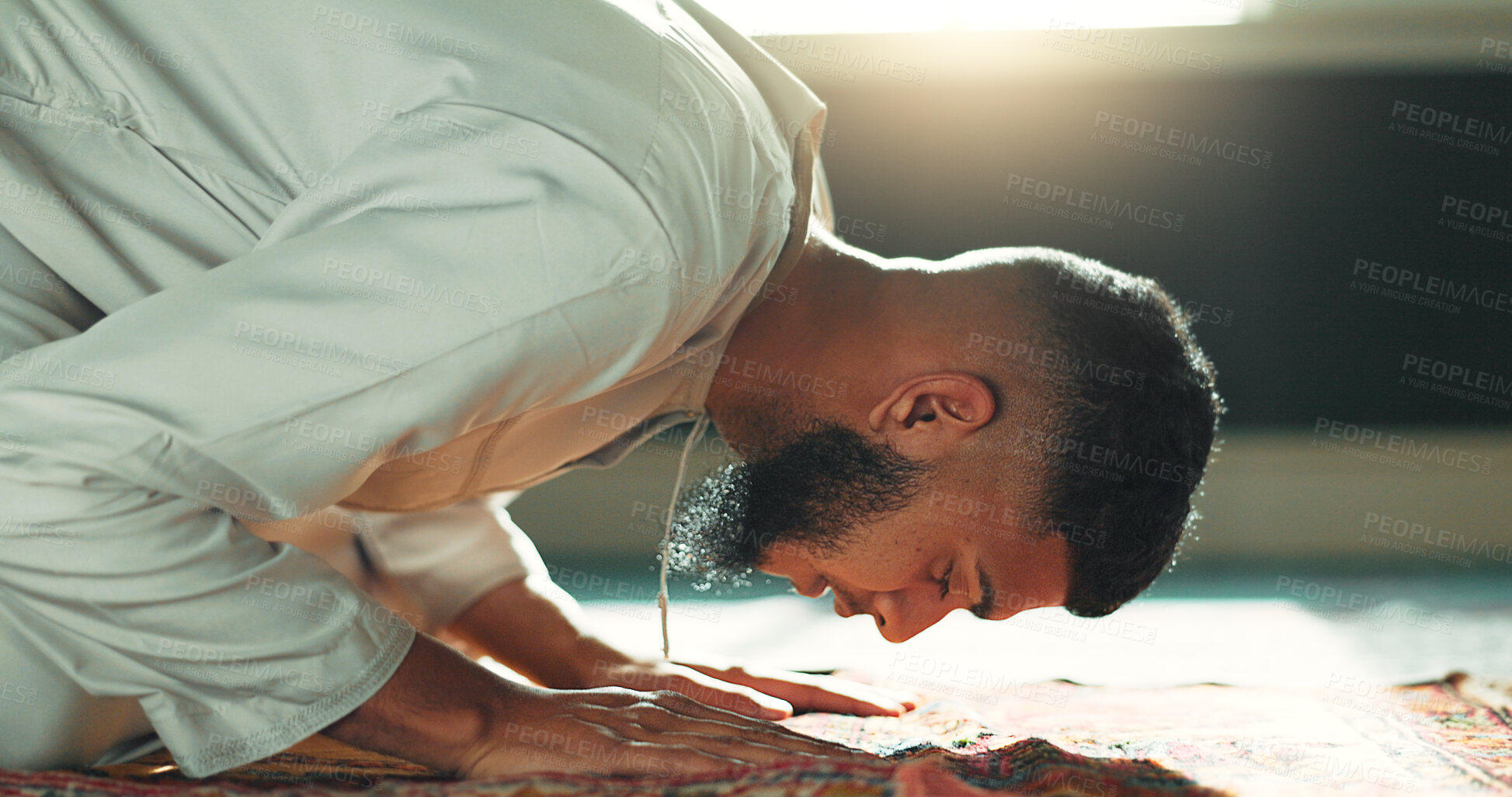 Buy stock photo Islamic prayer man on mat in mosque with mindfulness, love and gratitude in faith commitment. Worship, religion and Muslim person in holy temple for praise, spiritual teaching and meditation peace.