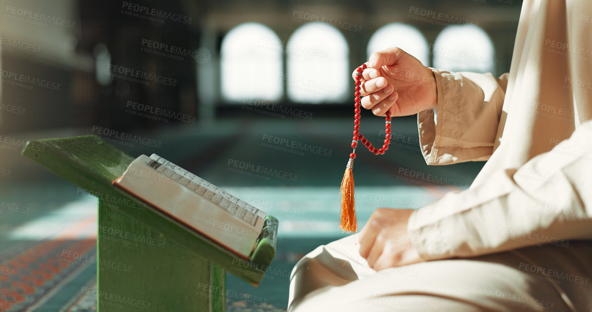 Buy stock photo Islam, prayer beads and man in mosque with Quran, mindfulness and gratitude in faith. Worship, religion and Muslim scholar in holy temple for praise with book, spiritual teaching and peace meditation