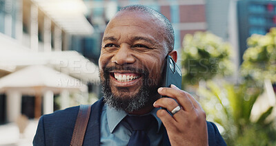 Phone call, smile and African businessman in city to work with communication for legal deal. Happy, talking and professional male attorney on mobile conversation for law case walking in urban town.