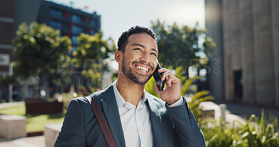Phone call, smile and businessman commuting in city to work with communication for legal deal. Happy, talking and professional male attorney on mobile conversation for law case walking in urban town.
