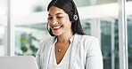 Business woman, call center consultant and laptop for customer service, support or advice in office. Professional Mexican advisor or happy agent in headphones for contact us or e commerce on computer