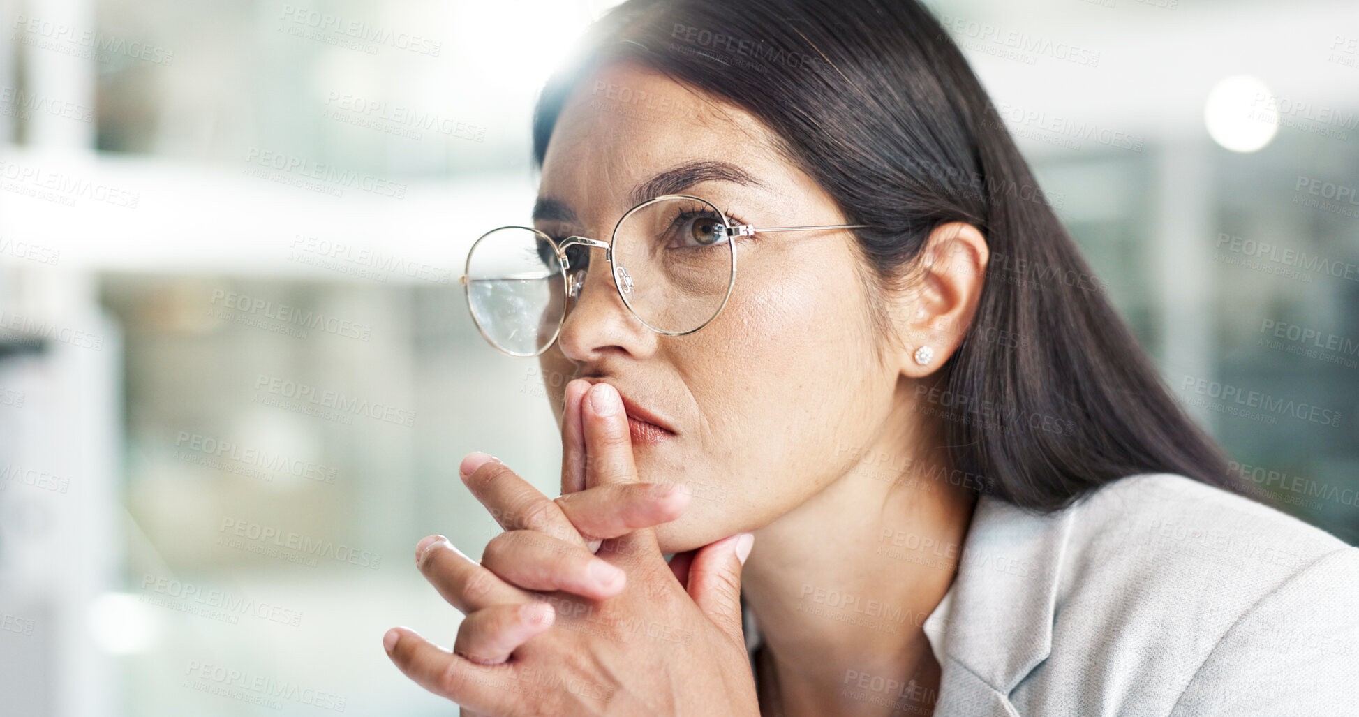 Buy stock photo Business, woman and thinking with stress at company for job interview, recruitment or hiring news. Employee, professional person and anxiety at workplace for onboarding decision and waiting in lobby