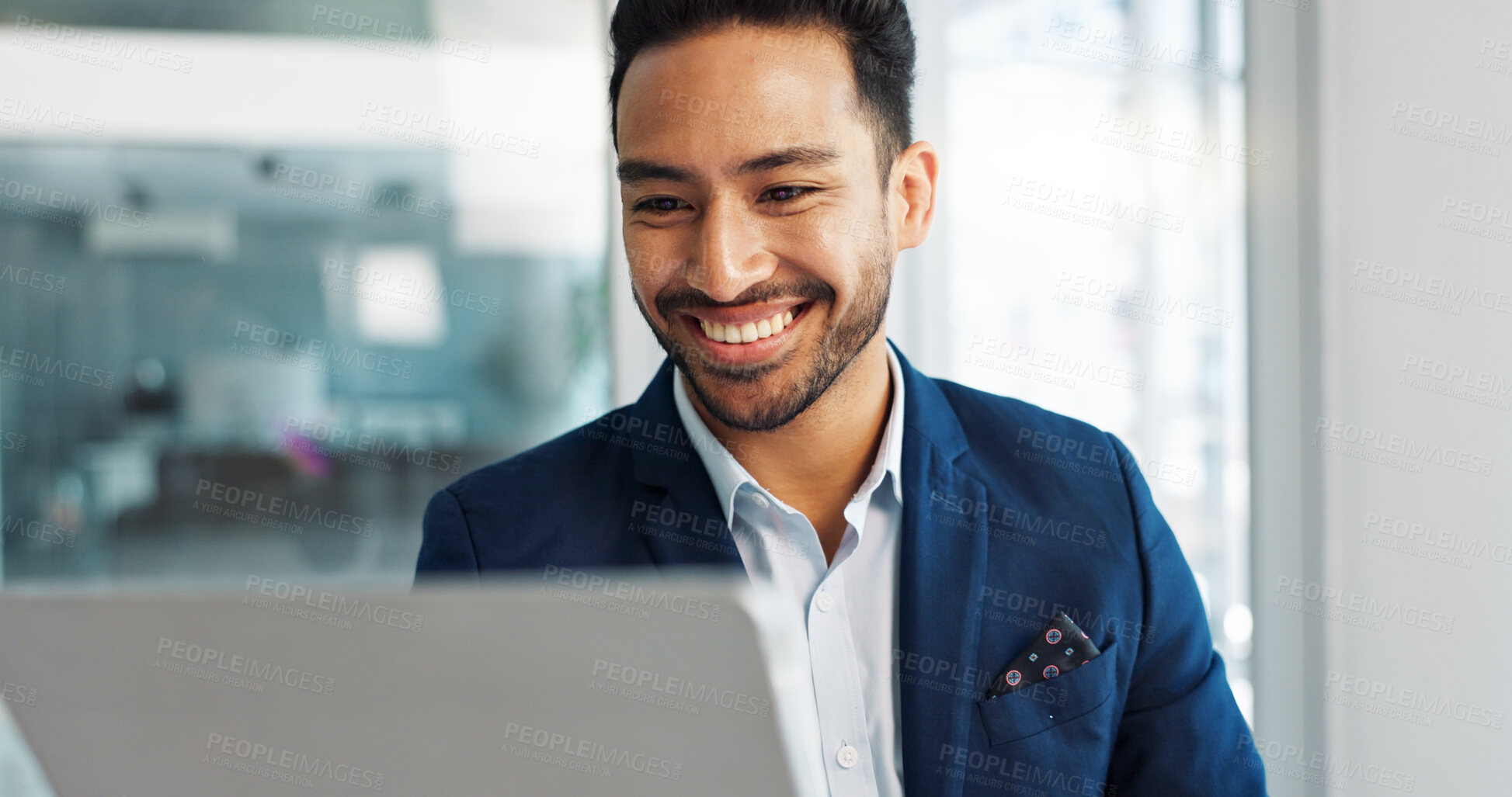 Buy stock photo Happy man, reading on tablet and planning for law firm research, online article review and business results. Lawyer or corporate employee with ideas, solution or email feedback on digital technology