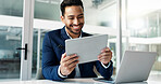 Business man, thinking of ideas and tablet for investment, email or stock market solution in office. Young trader or corporate employee with vision, online goals or target with digital technology