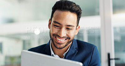 Happy man, reading on tablet and planning for law firm research, online article review and business results. Lawyer or corporate employee with ideas, solution or email feedback on digital technology