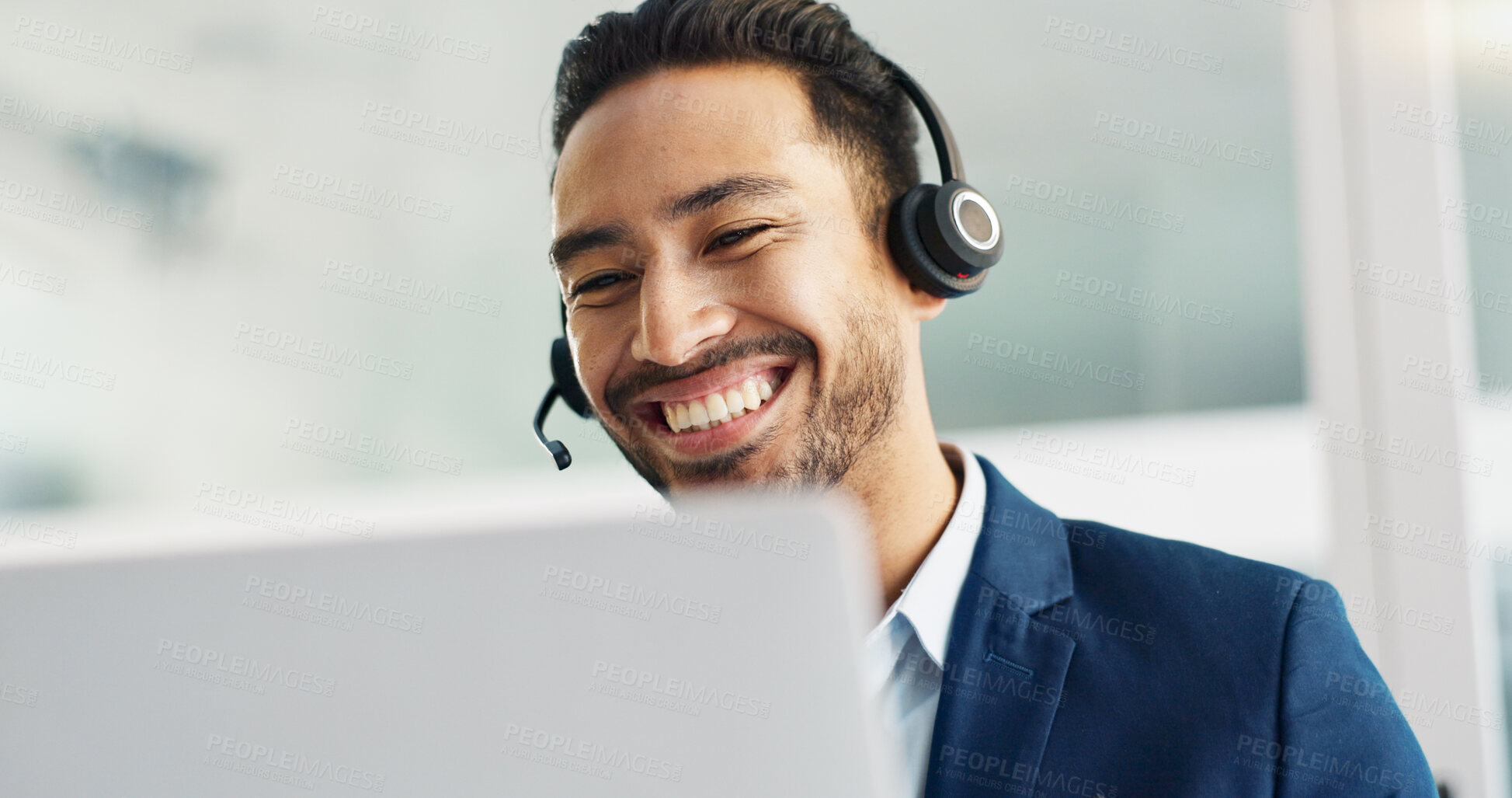 Buy stock photo Laptop, problem solving and business man in call center with headset for customer support or service. Smile, computer and consulting with happy employee working in tech agency for contact us online