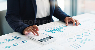 Business hands, calculator and financial data analytics, graphs or charts for revenue, profit or budget report. Accountant or bookkeeping person writing on documents, planning numbers and statistics