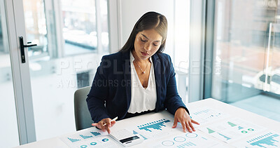Business woman, calculator and documents of statistics, graphs or charts for revenue, profit and budget report. Professional auditor or accountant planning of numbers, data analysis and accounting