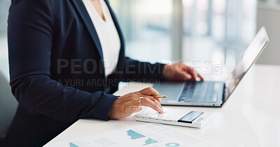 Business hands, calculator and finance on laptop for budget planning, data analysis or statistics report in office. Bookkeeping accountant or person with documents, numbers and typing on a computer