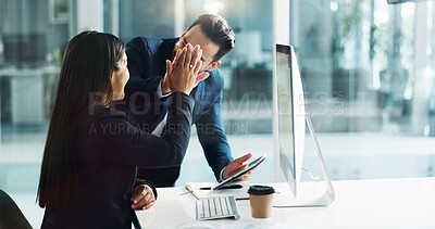 Business people, computer and high five for online results, success or achievement in human resources office. Professional man and woman with support, teamwork or training goals on digital technology
