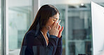 Business woman, headache and tired on computer for copywriting deadline, online planning and office stress. Young worker, editor or writer with eye strain, glasses and pain on desktop for research