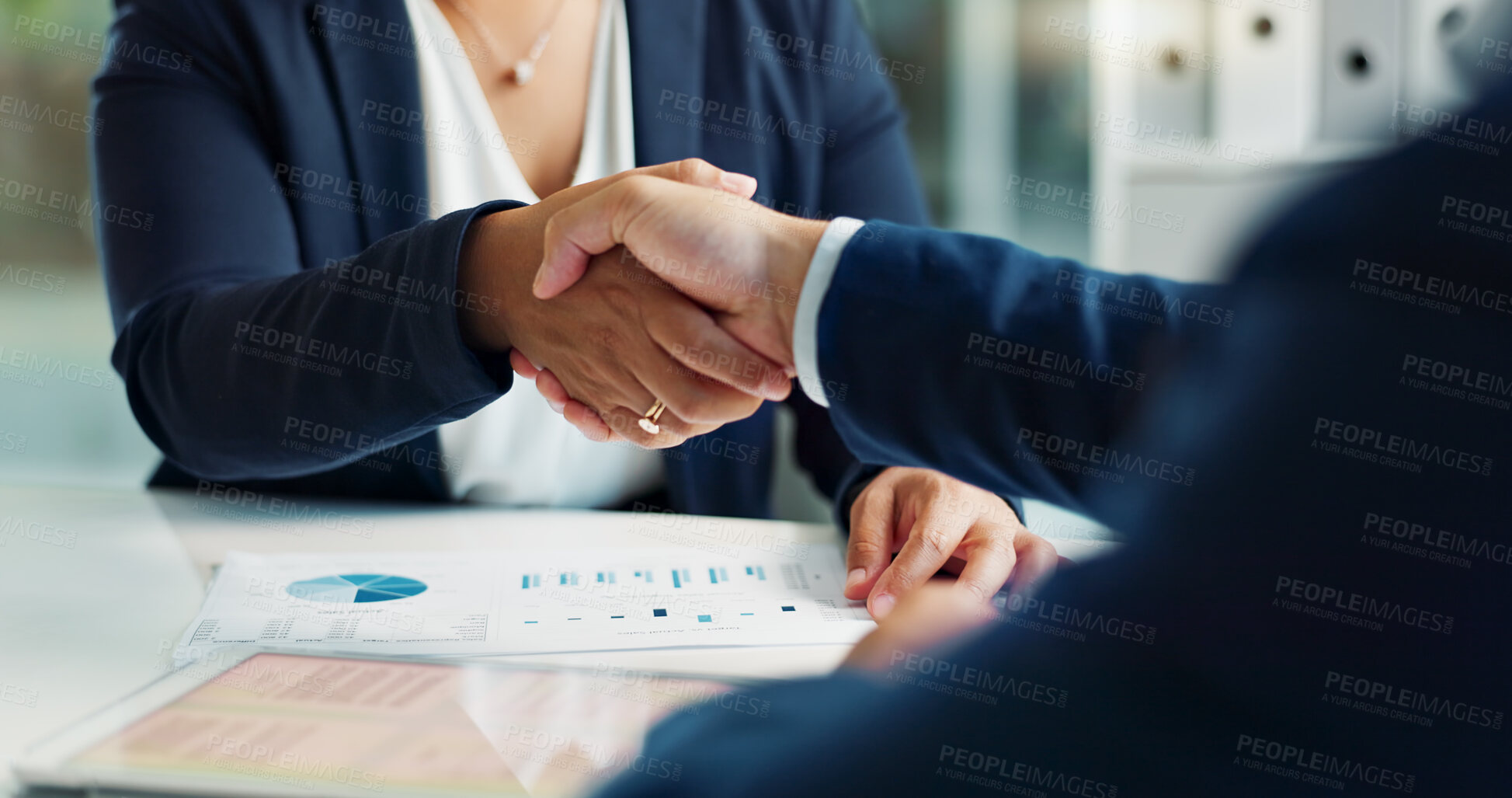 Buy stock photo Business people, closeup and handshake for deal, agreement and partnership negotiation in office. Shaking hands, contract and hiring offer for recruitment, interview and financial analyst in meeting