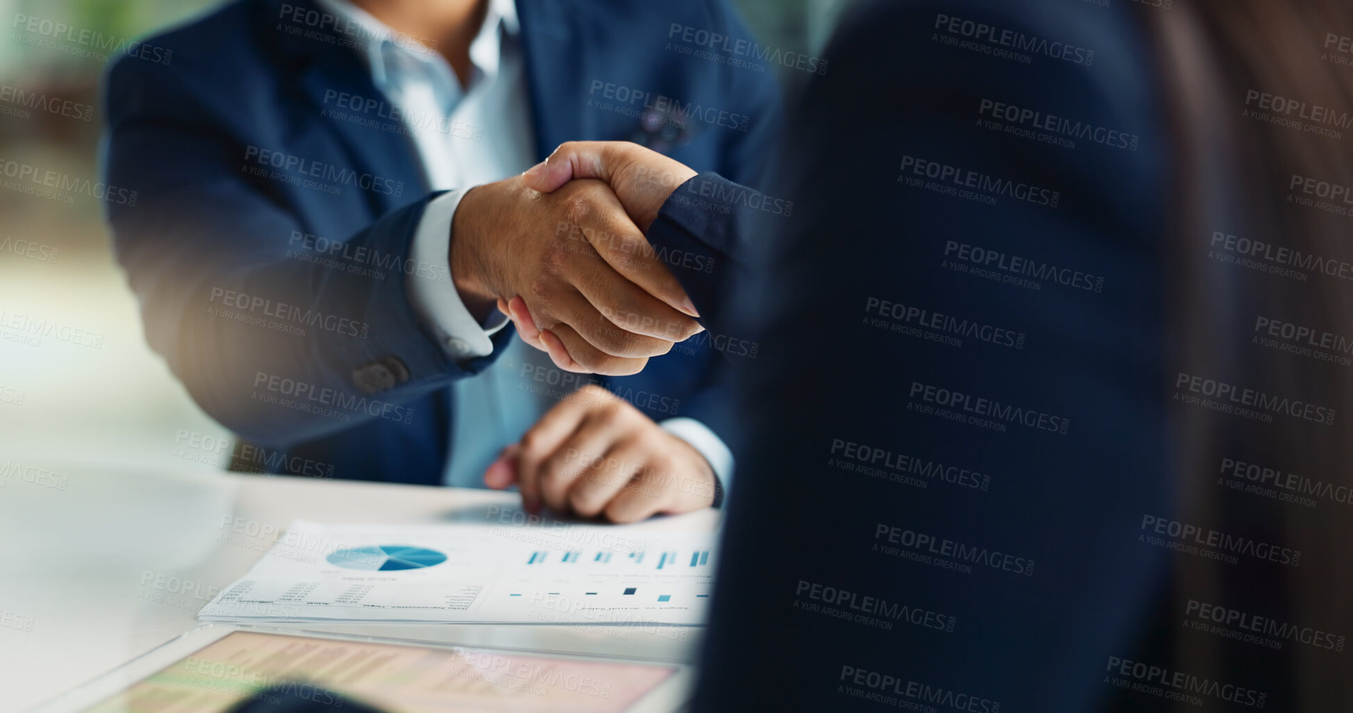 Buy stock photo Business people, negotiation and handshake for deal, agreement or partnership in office. Shaking hands, closeup and hiring offer for recruitment, b2b collaboration or data analyst at table in meeting