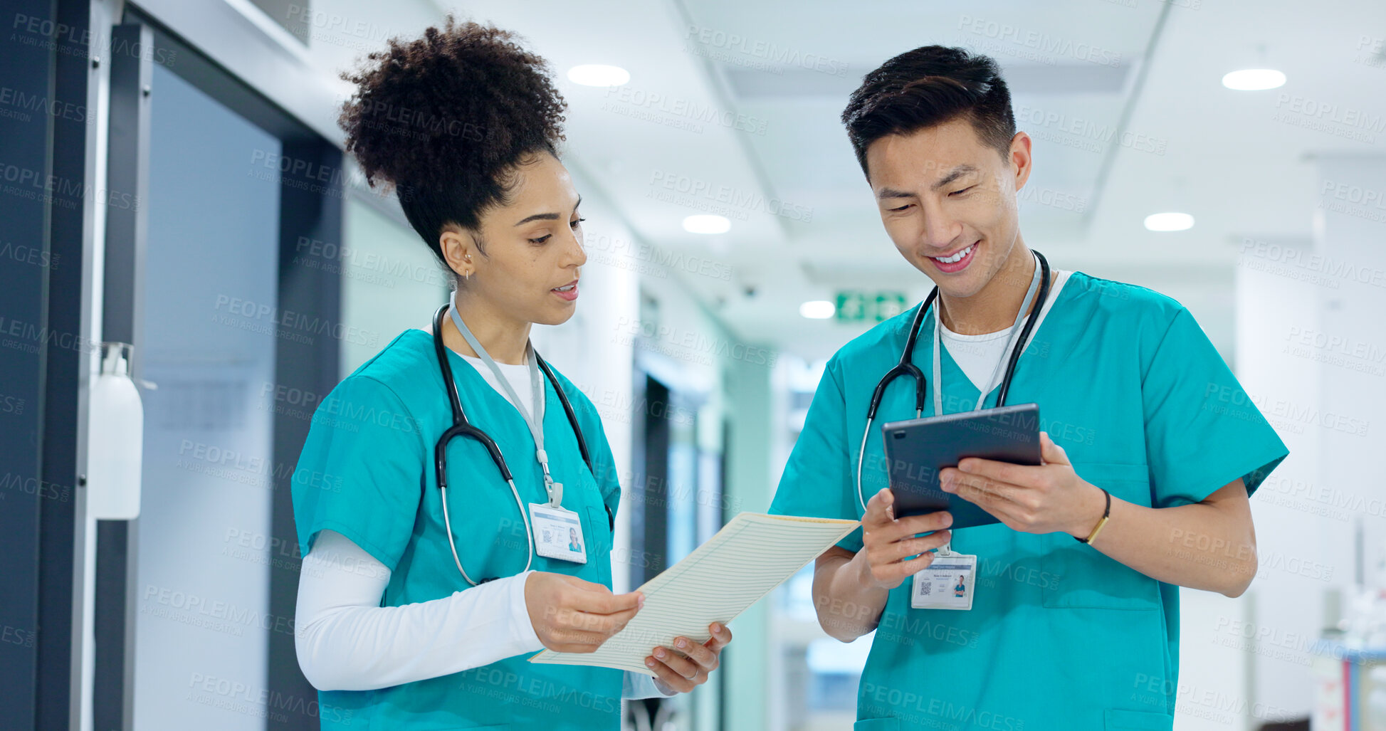 Buy stock photo Hospital, nurse and people with tablet in discussion with analysis of results and health report in clinic. Healthcare, teamwork and medical students with tech and planning research or collaboration