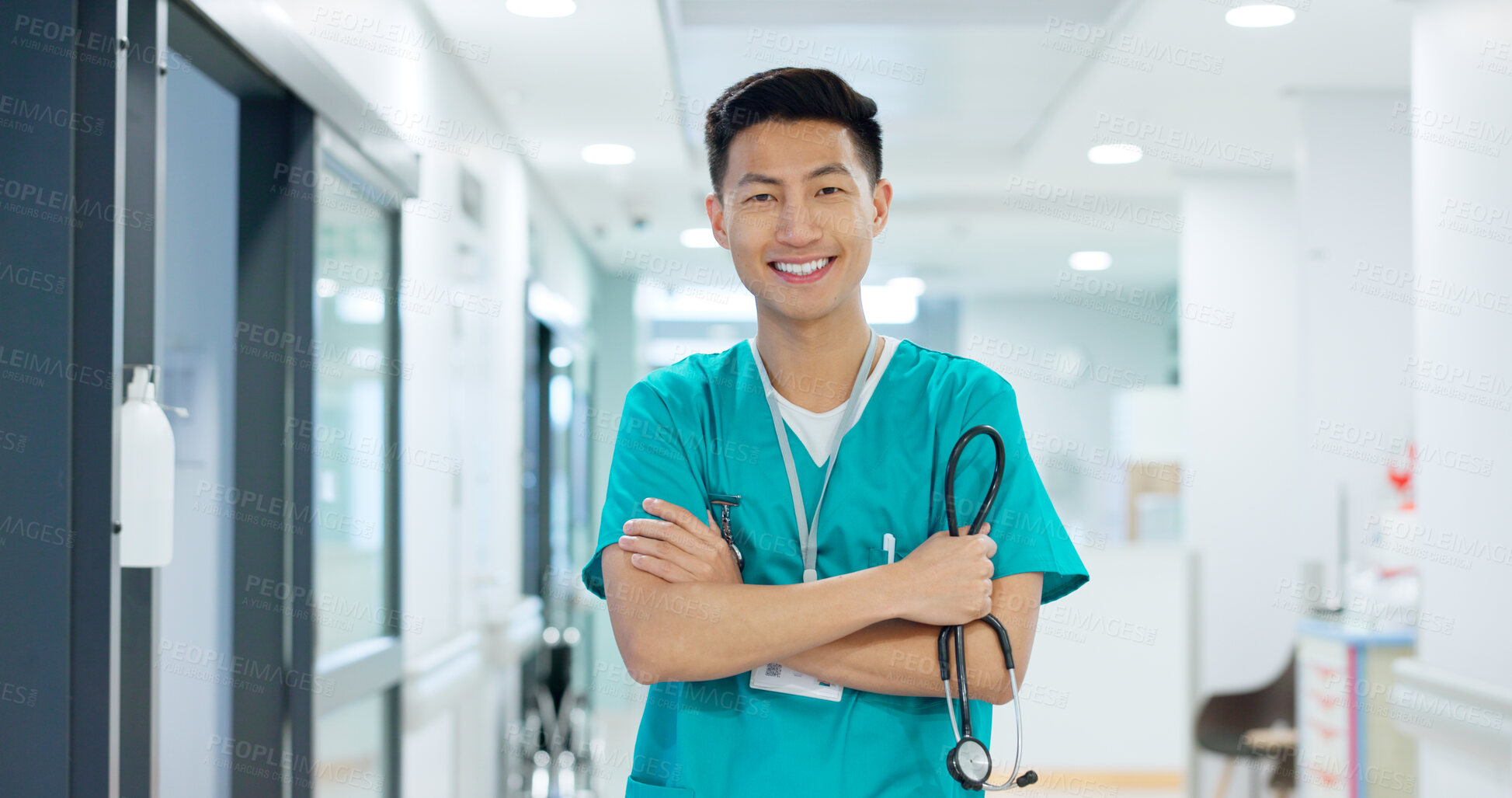 Buy stock photo Medical, face and asian man or doctor with stethoscope for wellness, trust and service in hospital or clinic. Portrait, person and expert with happiness for career, cardiology or nursing at workplace