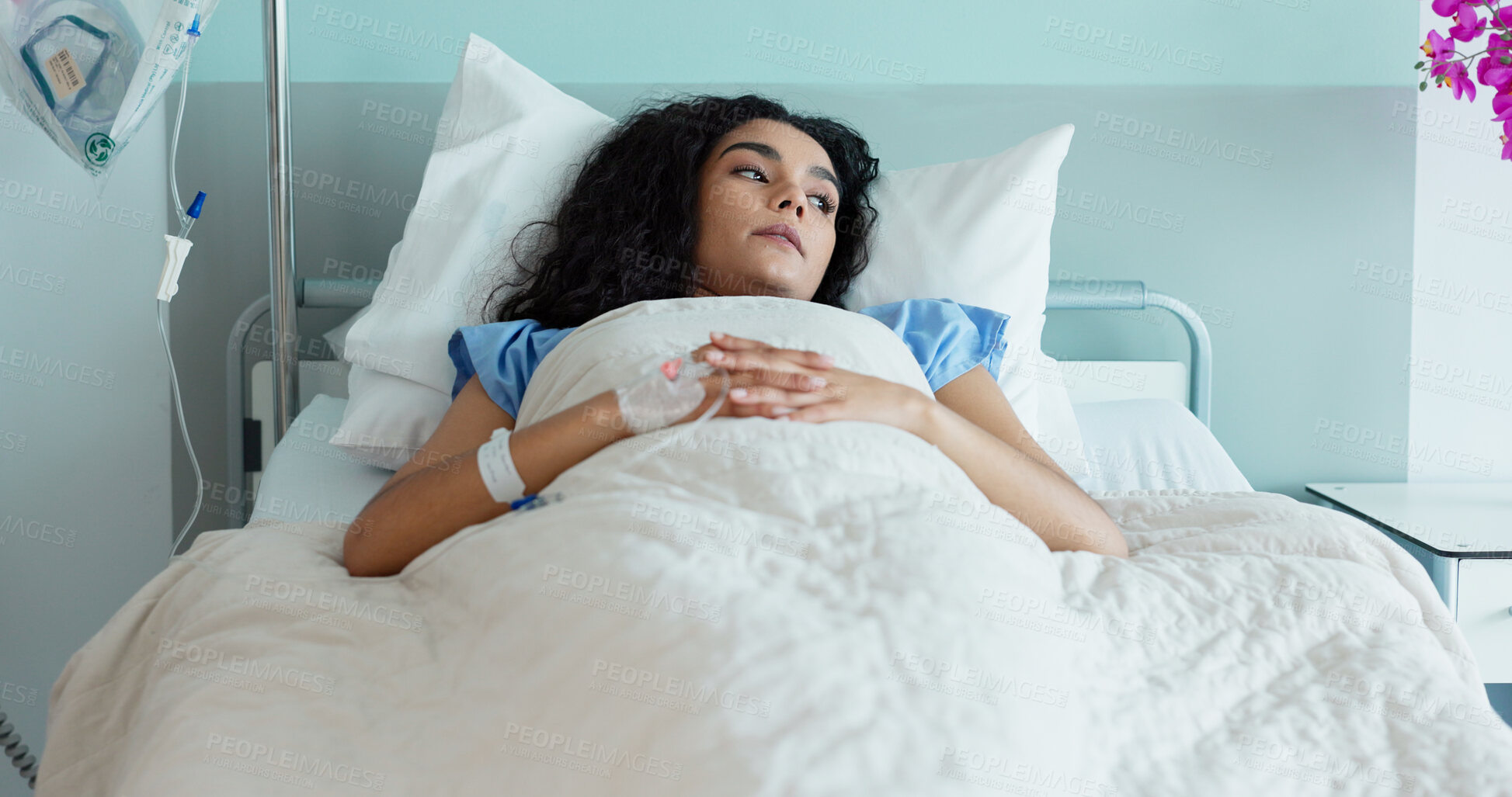 Buy stock photo Hospital bed, woman and stress from medical, surgery and ICU patient in a clinic from help. Anxiety, thinking and tired female person with healthcare, sick and recovery with mental health and care