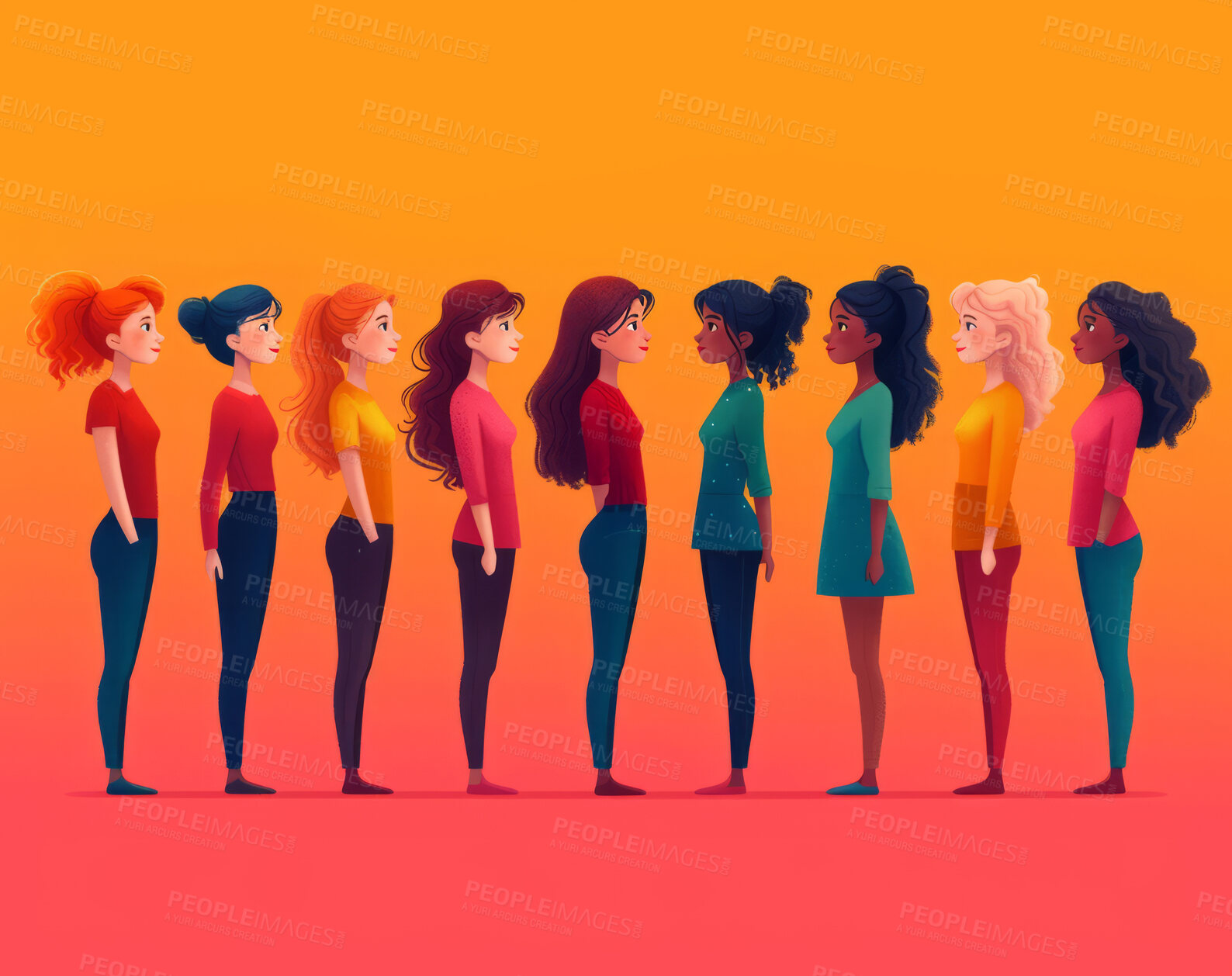 Buy stock photo Diversity, freedom and equality with a group of woman together in a crowd or illustration as a poster. Peace, community or human rights with an image of different people and women on a color backdrop