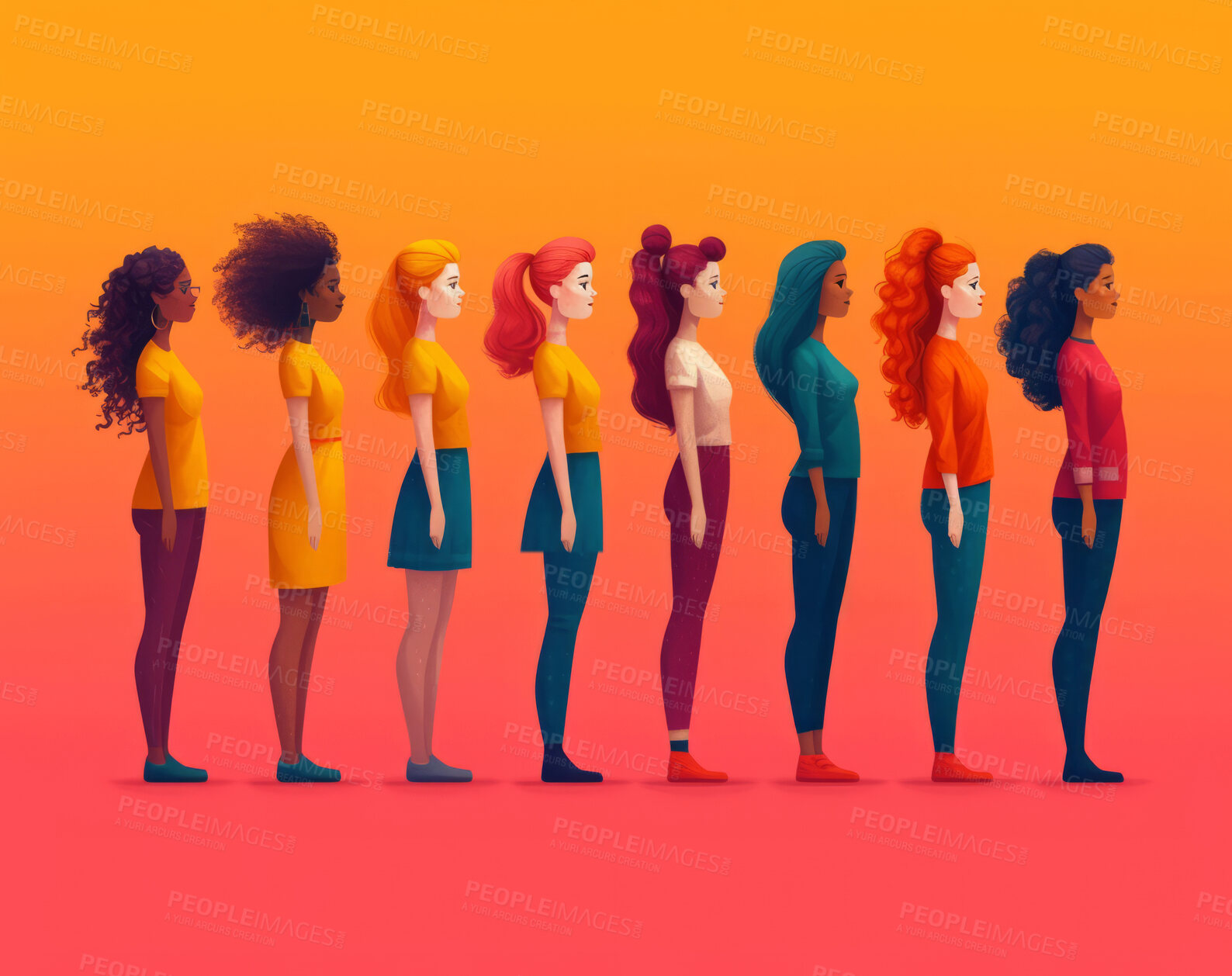 Buy stock photo Diversity, freedom and equality with a group of woman together in a crowd or illustration as a poster. Peace, community or human rights with an image of different people and women on a color backdrop