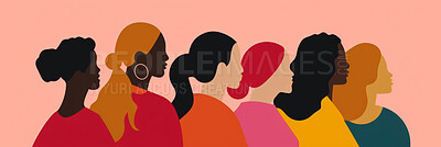 Diversity, freedom and equality with a group of woman together in a crowd or illustration as a poster. Peace, community or human rights with an image of different people and women on a color backdrop