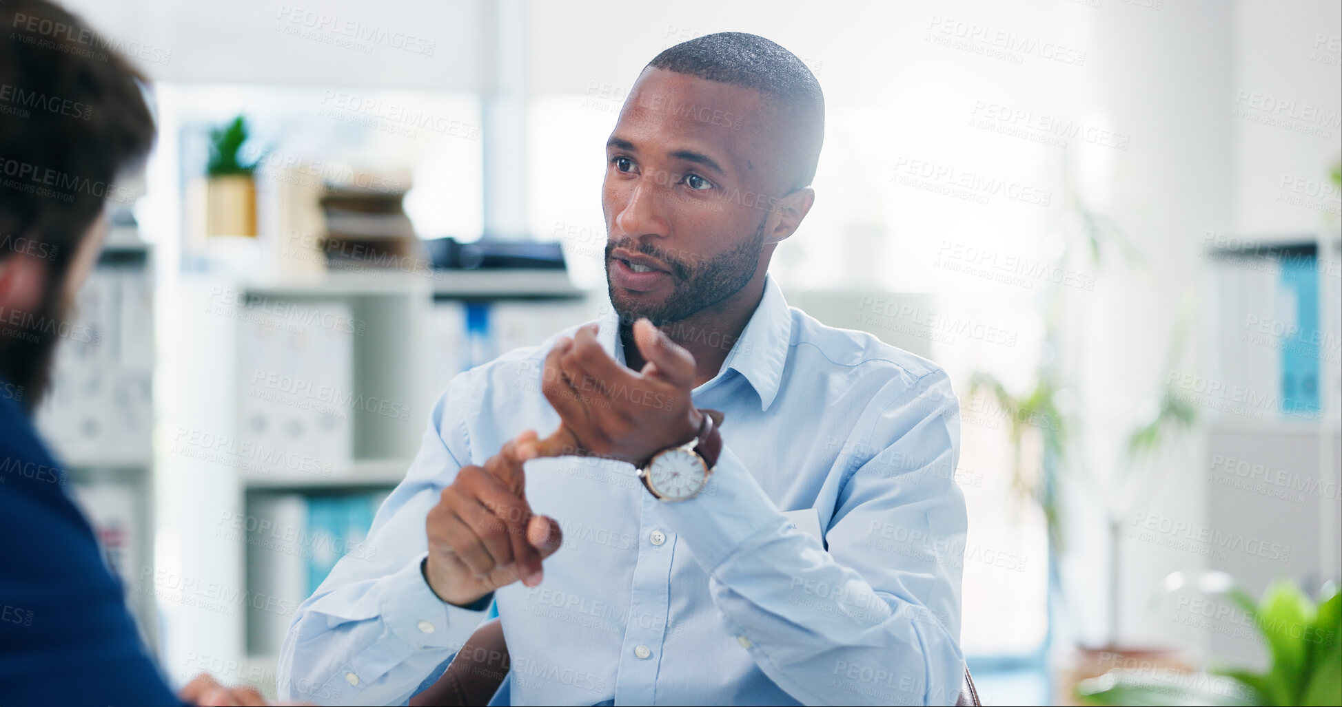 Buy stock photo Business, black man and consultation with client, discussion and lens flare in office. Meeting, conversation and professional advisor planning, explain or communication for brainstorming work project