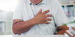 Man, hands and chest pain with heart, illness or cancer in discomfort, emergency or healthcare at hospital. Closeup of male person or patient with sore body, ache or breathing problem at clinic