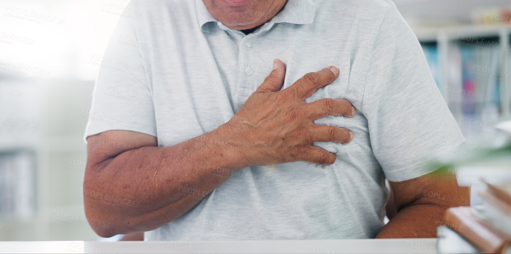 Buy stock photo Man, hands and chest pain with heart, illness or cancer in discomfort, emergency or healthcare at hospital. Closeup of male person or patient with sore body, ache or breathing problem at clinic