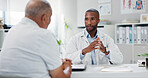 Doctor, patient and consultation with conversation for healthcare, people in office with advice or instructions for medication. Treatment, medical info and elderly care with communication at clinic