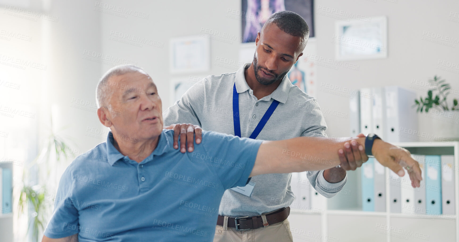 Buy stock photo Old man, physiotherapist and arm stretching for training mobility in retirement or rehabilitation, wellness or injury. Elderly person, muscle support and performance help, recovery or consultation