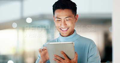 Buy stock photo Asian man with tablet, smile and scroll, thinking and reading email, review or article at startup. Internet, research and happy businessman with digital app for with networking, social media or web.