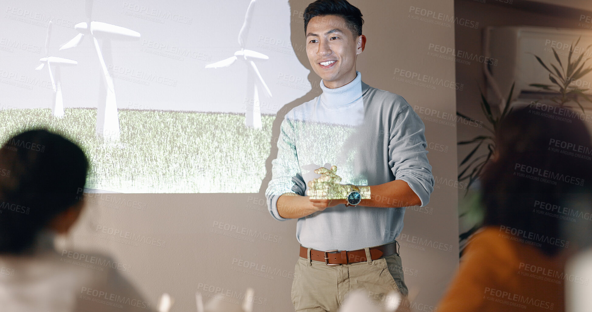 Buy stock photo Speaker, man and presentation with workshop, eco friendly or wind turbines with corporate training, seminar or feedback. Person, presenter or worker with sustainability, conference or energy research