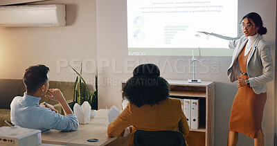 Speaker, woman and presentation with clean energy, seminar or research with corporate training, workshop or feedback. Group, presenter or staff with sustainability project, conference or eco friendly