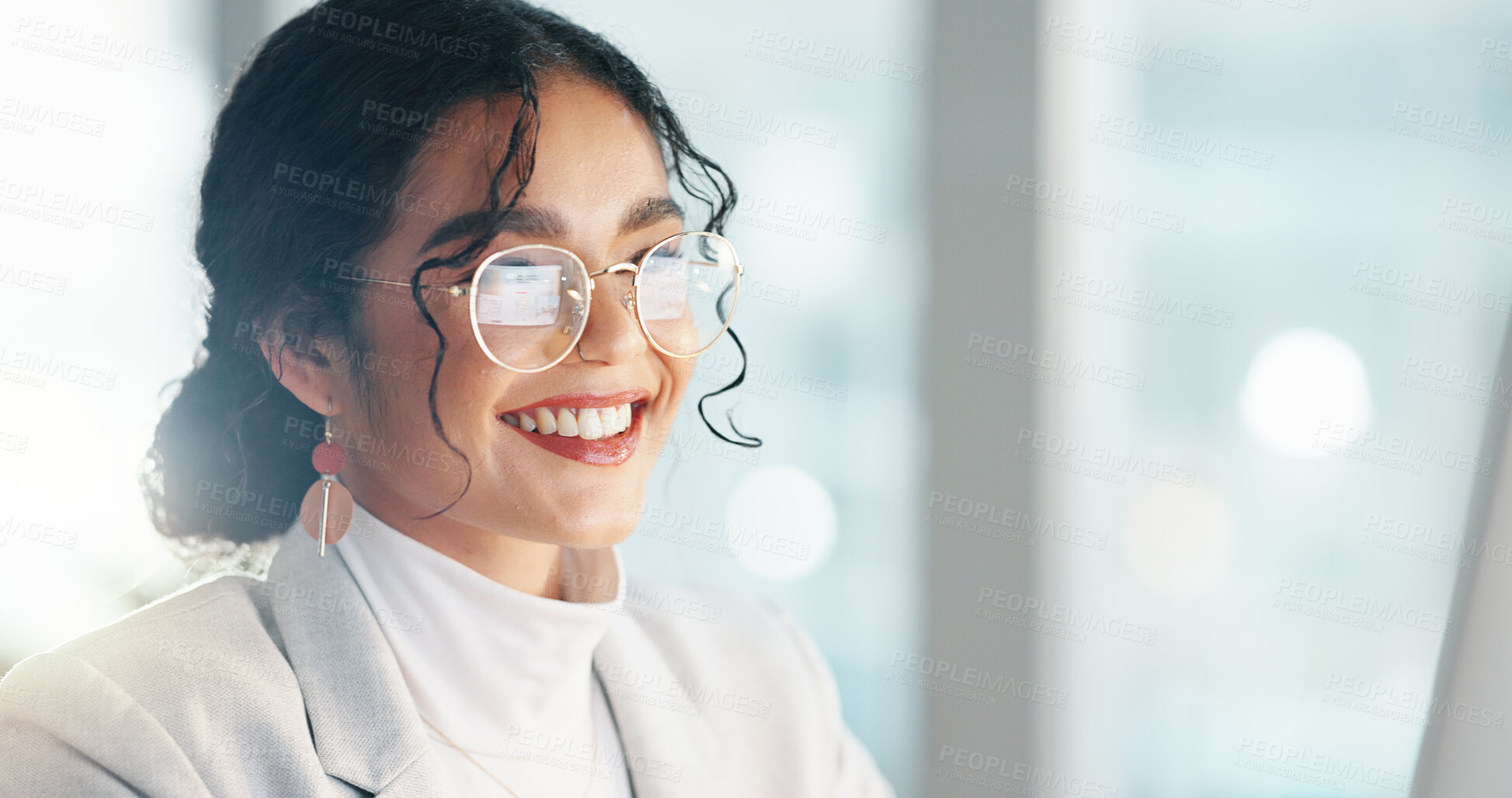 Buy stock photo Business woman, computer and happy planning on SEO report in a office reading data for project. Digital research, female professional and employee with ux review analysis for website update for app