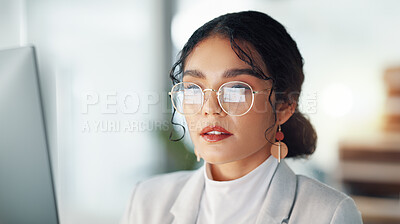 Buy stock photo Business woman, computer and reading SEO report fail in a office data for big data project. Digital research, female professional and mistake of ux review analysis for website update for company app