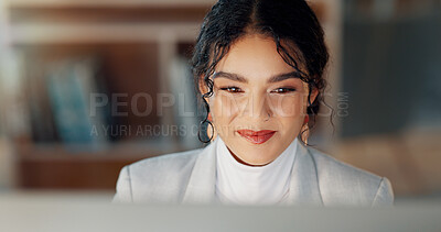Buy stock photo Happy woman at desk with computer, thinking or typing email, report or article at digital agency. Internet, research and businesswoman at tech startup with online review, networking project and smile