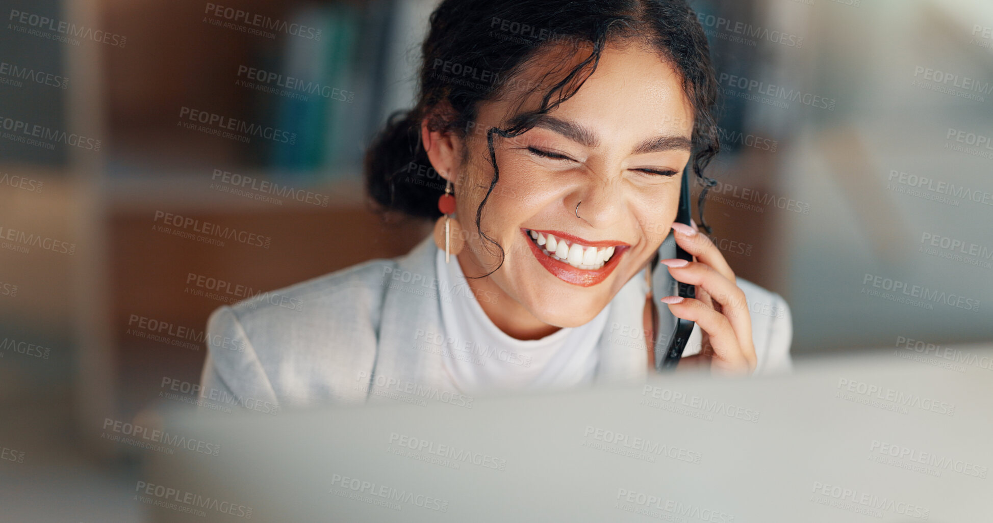 Buy stock photo Business woman, computer and phone call in night, office and networking for deal, lead and smile for negotiation. Entrepreneur, smartphone and pc with happy conversation, thinking and dark workplace