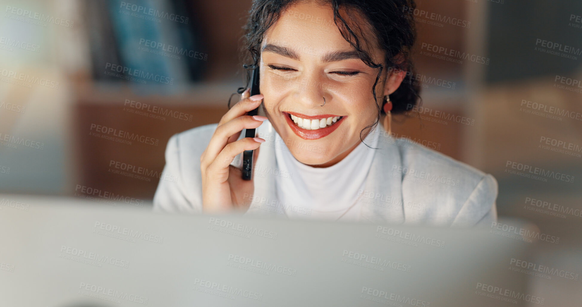 Buy stock photo Business woman, computer and phone call in night, office and networking for deal, lead and smile for negotiation. Entrepreneur, smartphone and pc with happy conversation, thinking and dark workplace