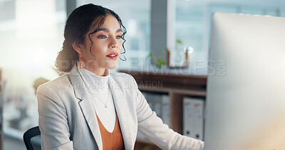 Buy stock photo Businesswoman at desk with computer, thinking or typing email, report or article at digital agency. Internet, research and happy woman at tech startup with online review, networking project and smile