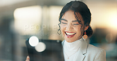 Buy stock photo Business woman, tablet and laugh in night, office and reading an email notification, meme or story on web. Entrepreneur, digital touchscreen and happy with funny video, chat or post on social media
